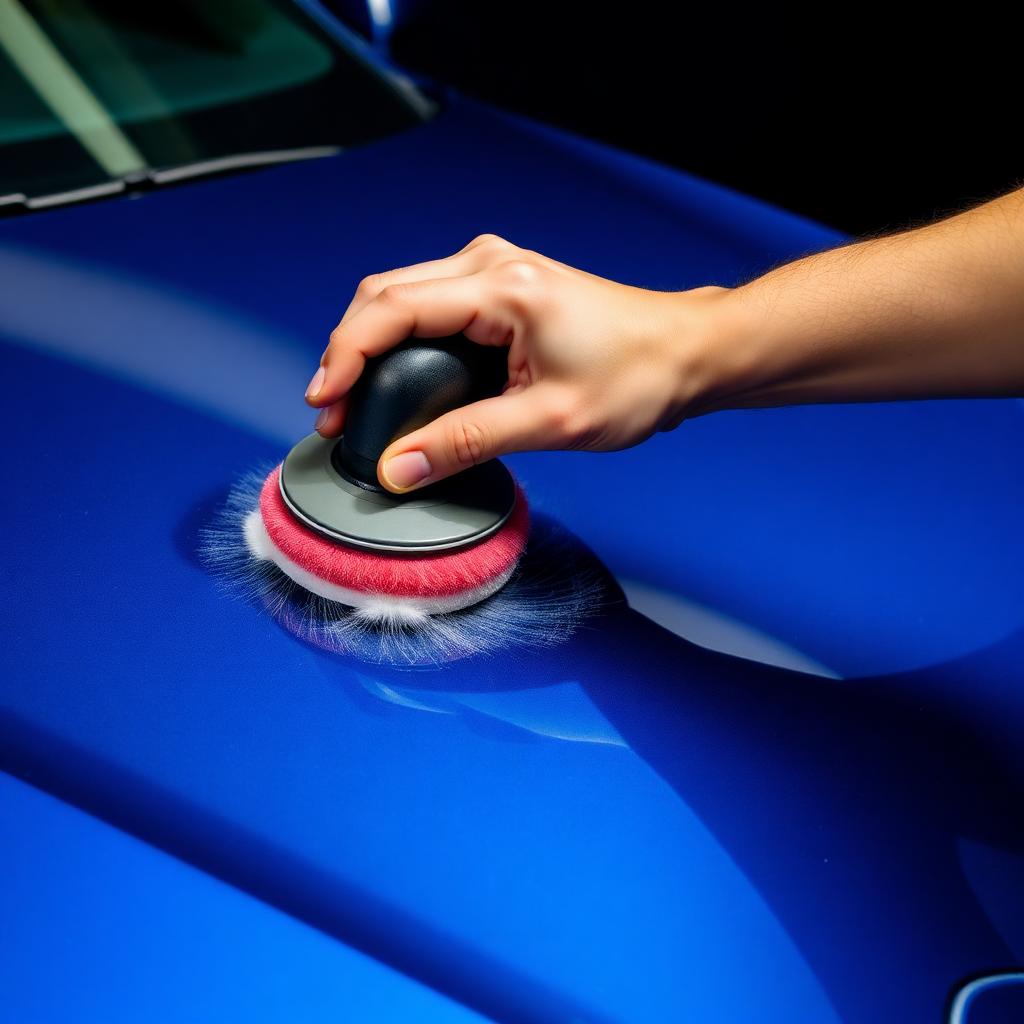 Polishing a deep blue car hood