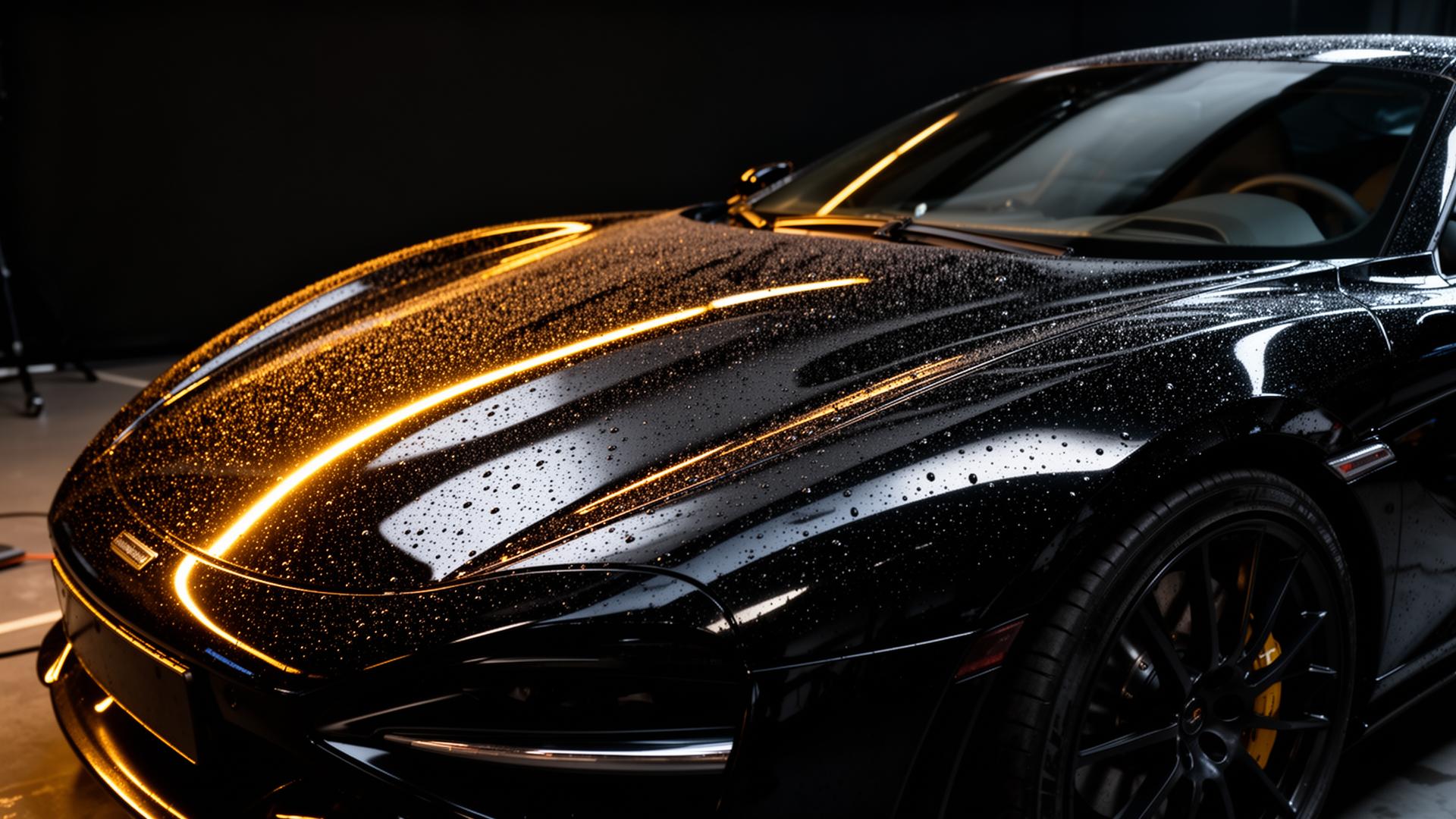 Detailed black sports car with golden reflections